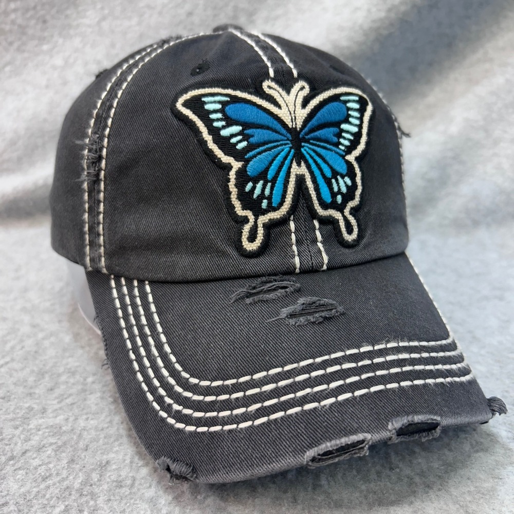 Blue Butterfly Patch Womens Gray Unbranded Baseball Cap Distressed OSFM